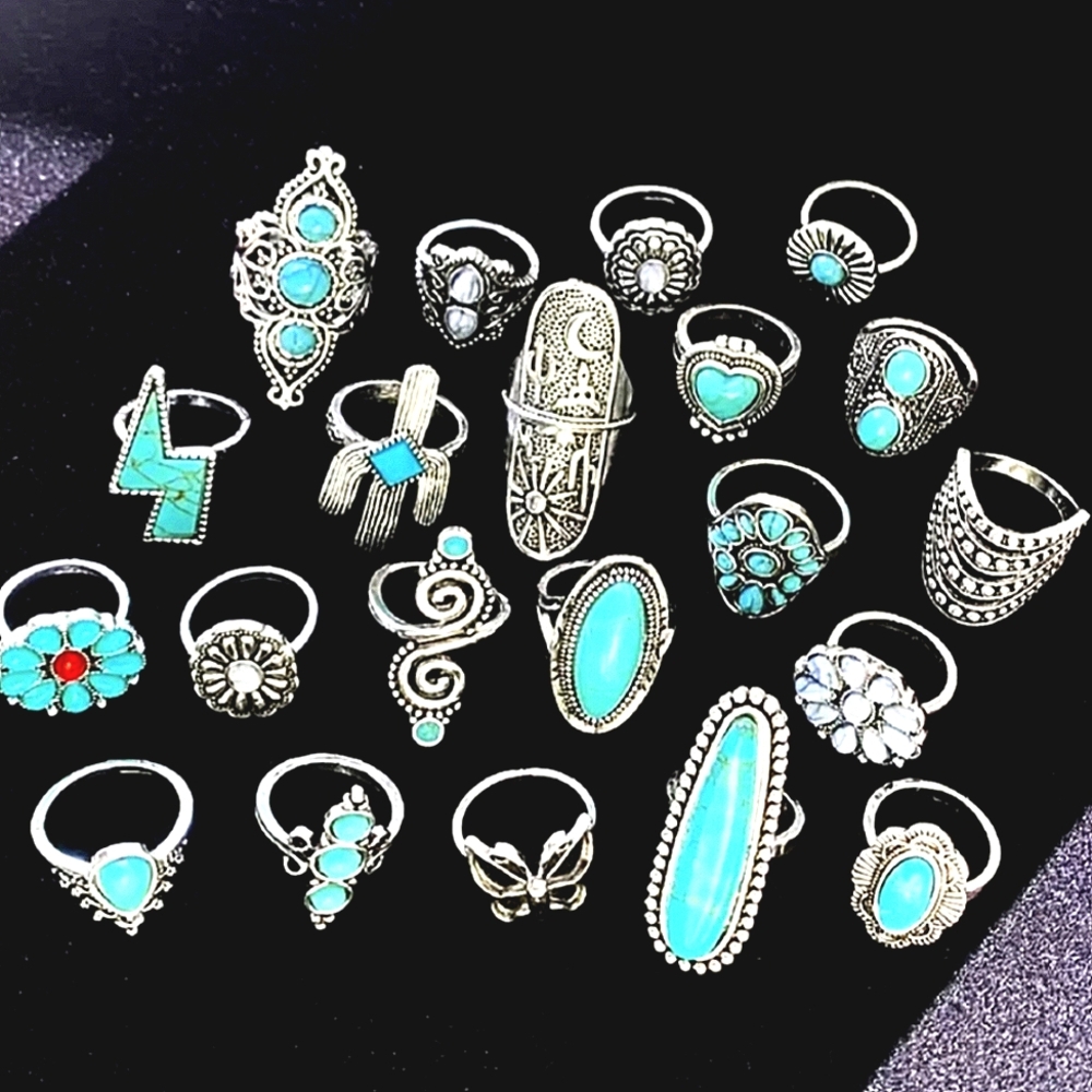 24 Silvery Rings Blue White Bohemian Ring Set 70s Style Hippie Festival Jewelry